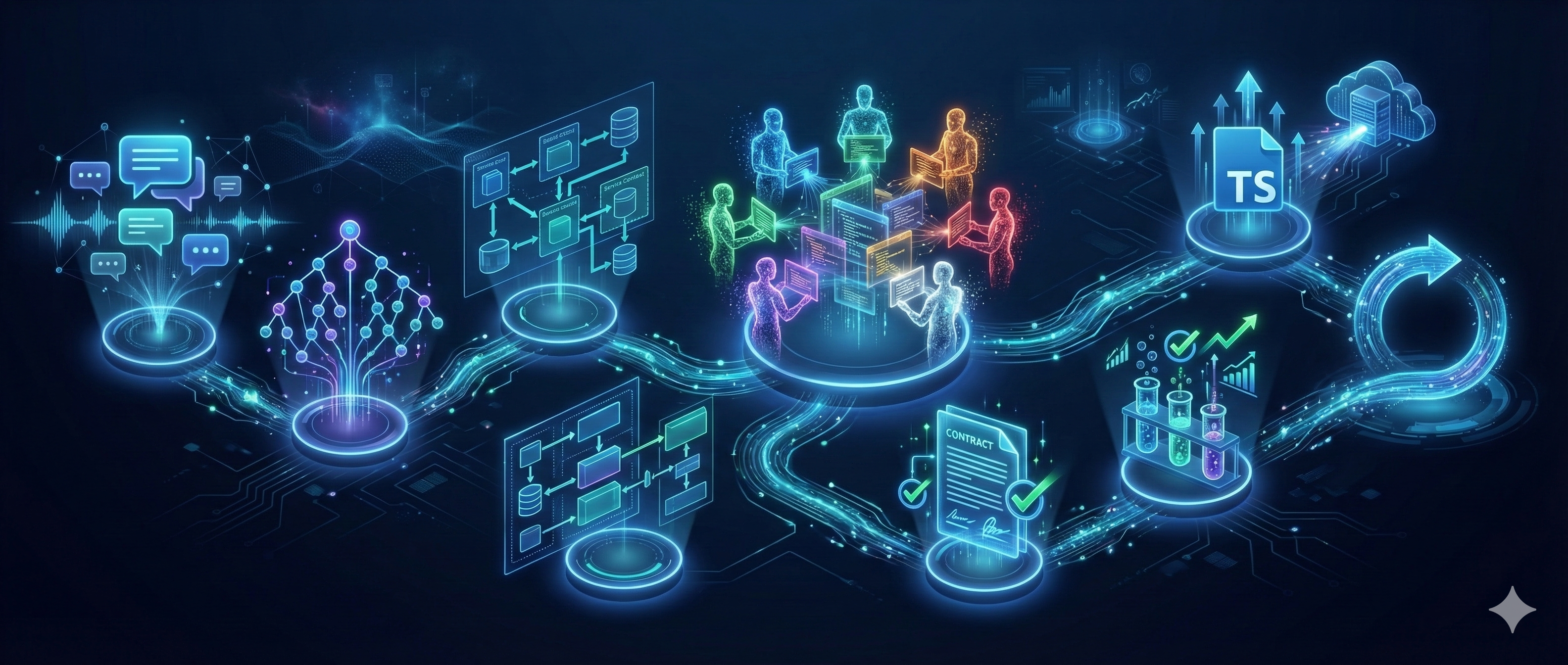 ArchitexIDE pipeline — 8 phases from conversation to production